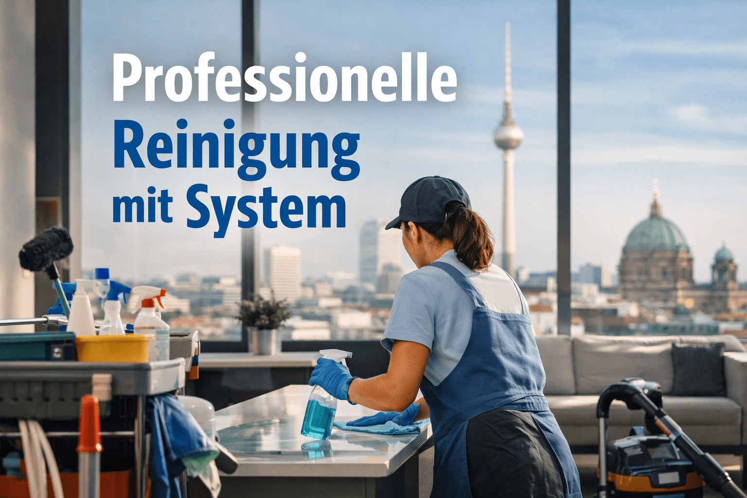 Reinigungskraft bei der gründlichen Reinigung eines modernen Gebäudes in Berlin