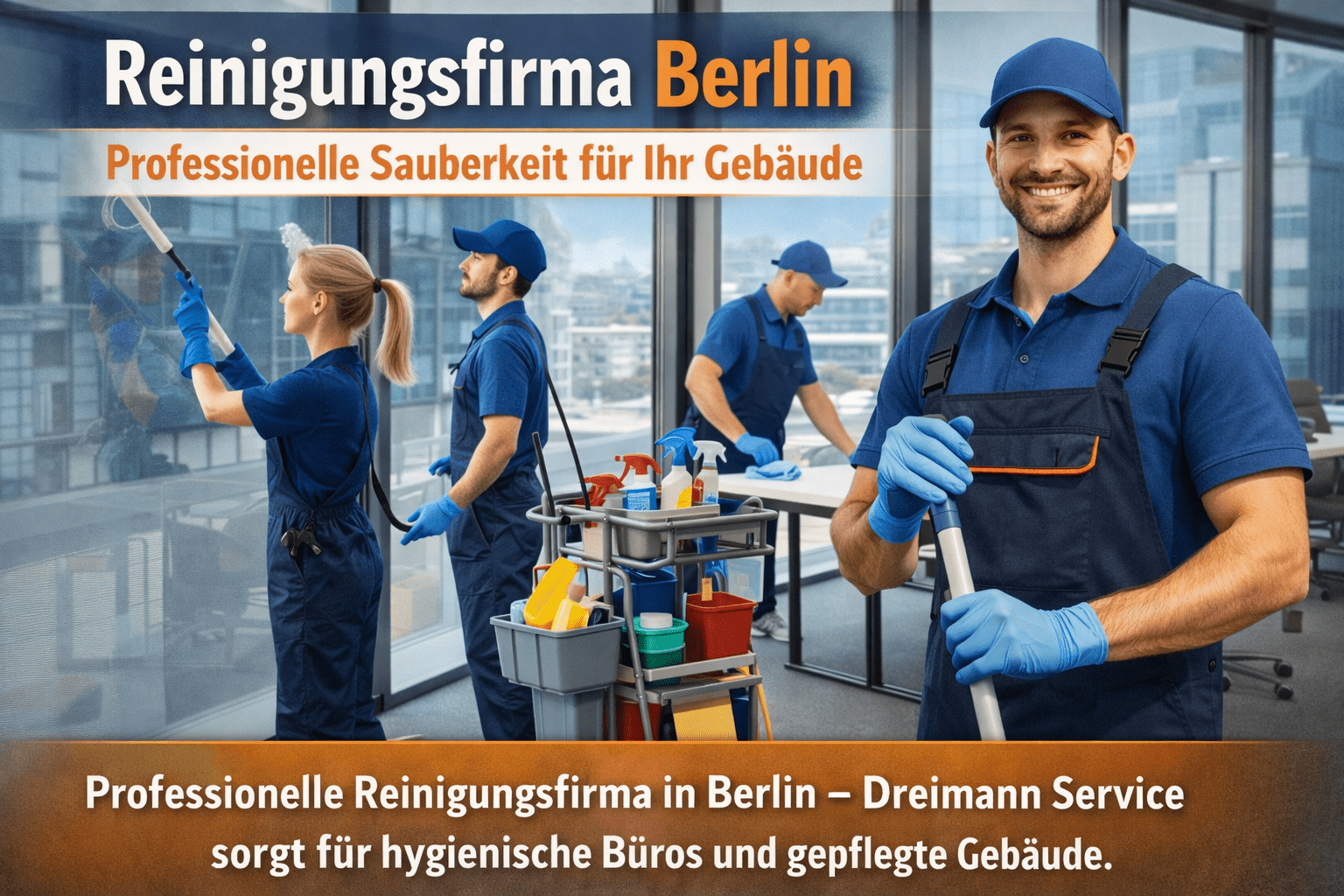 Fensterreiniger reinigt Glasfassade eines Bürogebäudes bei einer professionellen Fensterreinigung in Berlin