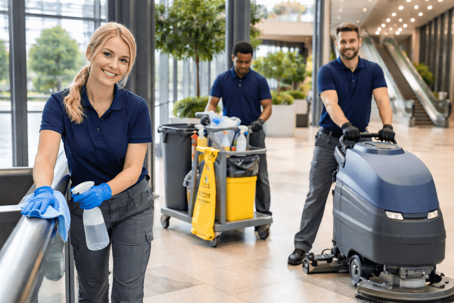 Reinigungsteam bei professionellen Gebäudedienstleistungen in modernem Unternehmensgebäude