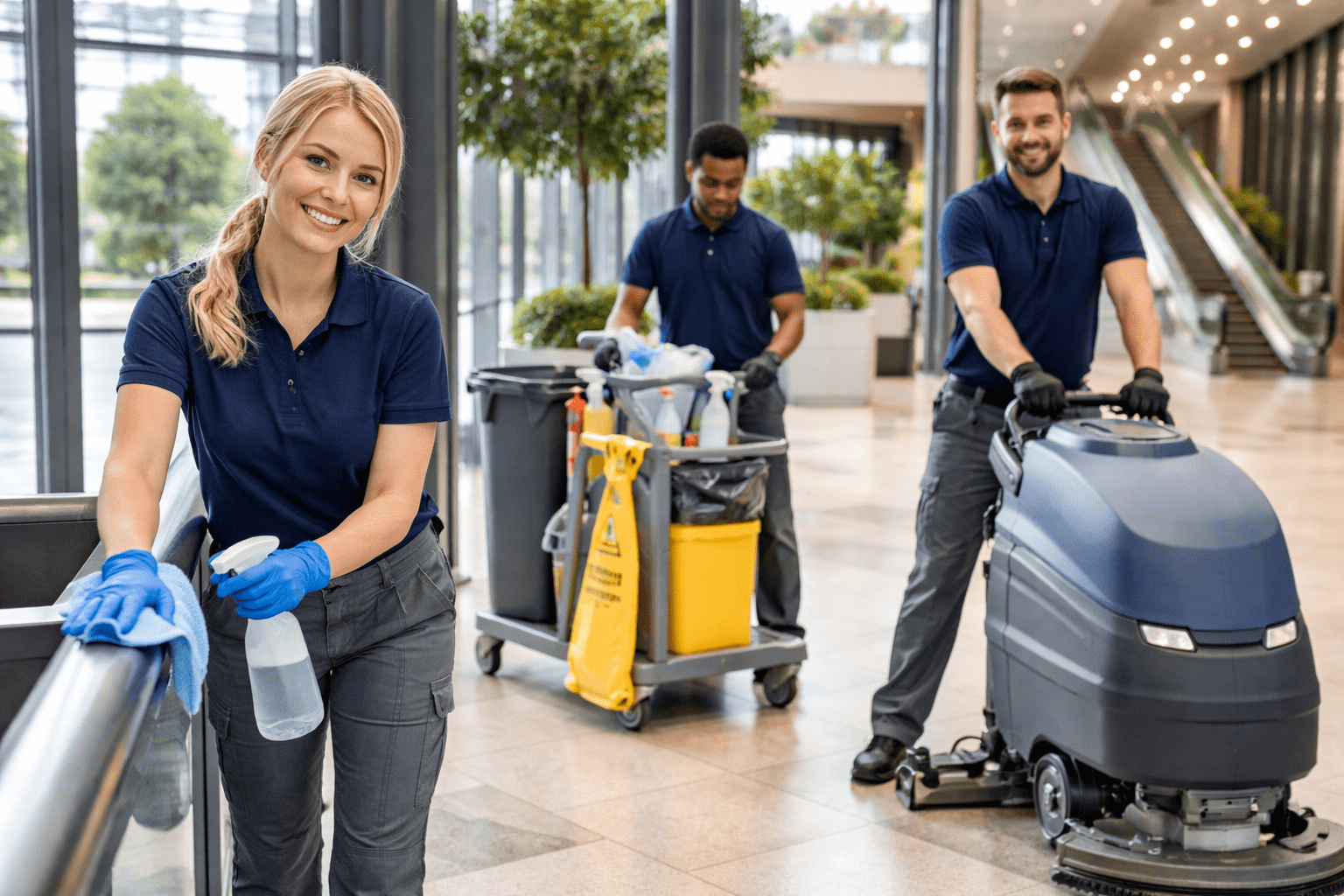 Professionelles Reinigungsteam bei der Gebäudereinigung eines modernen Unternehmensgebäudes