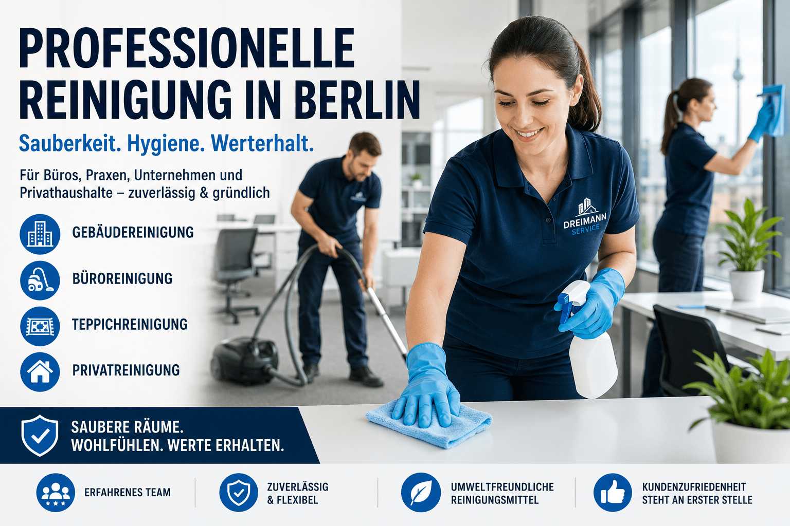 Professionelles Reinigungsteam reinigt moderne Büro- und Wohnräume in Berlin.