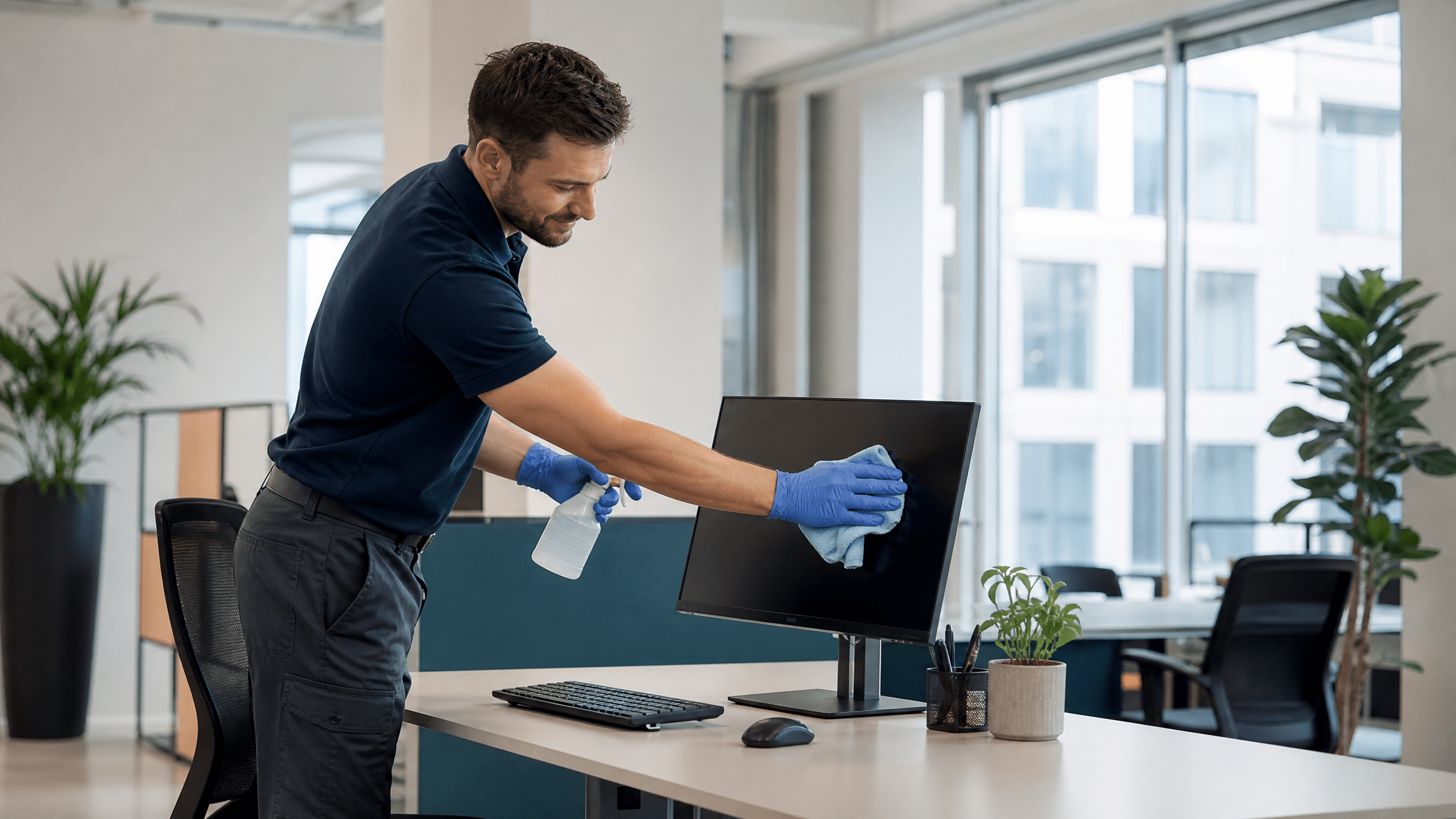 Professionelle Reinigungskraft desinfiziert einen modernen Büroarbeitsplatz