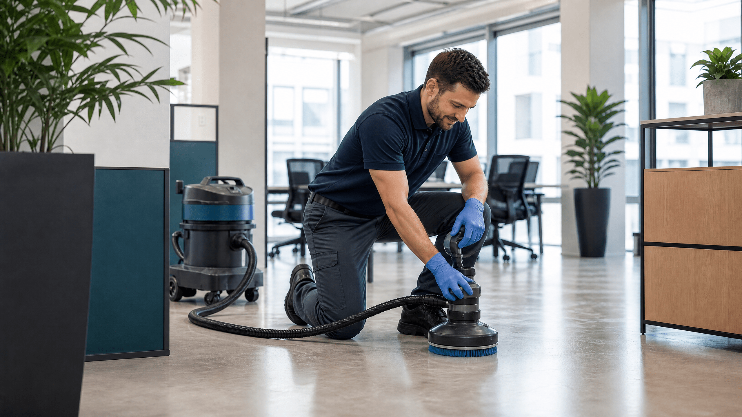 Reinigungskraft führt eine Grundreinigung mit professioneller Bodenmaschine durch