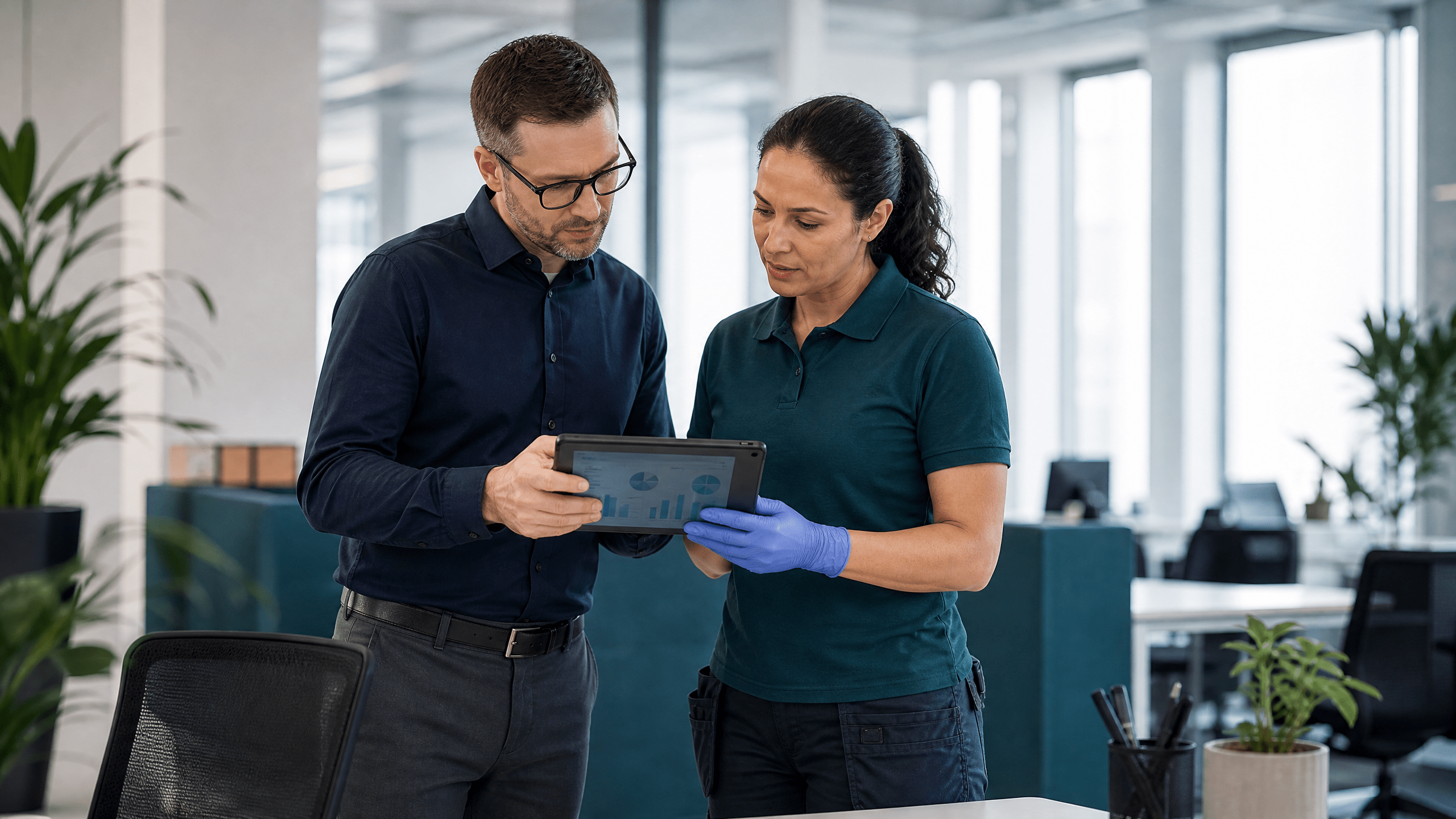 Facility Manager und Reinigungskraft planen gemeinsam eine Reinigungsstrategie