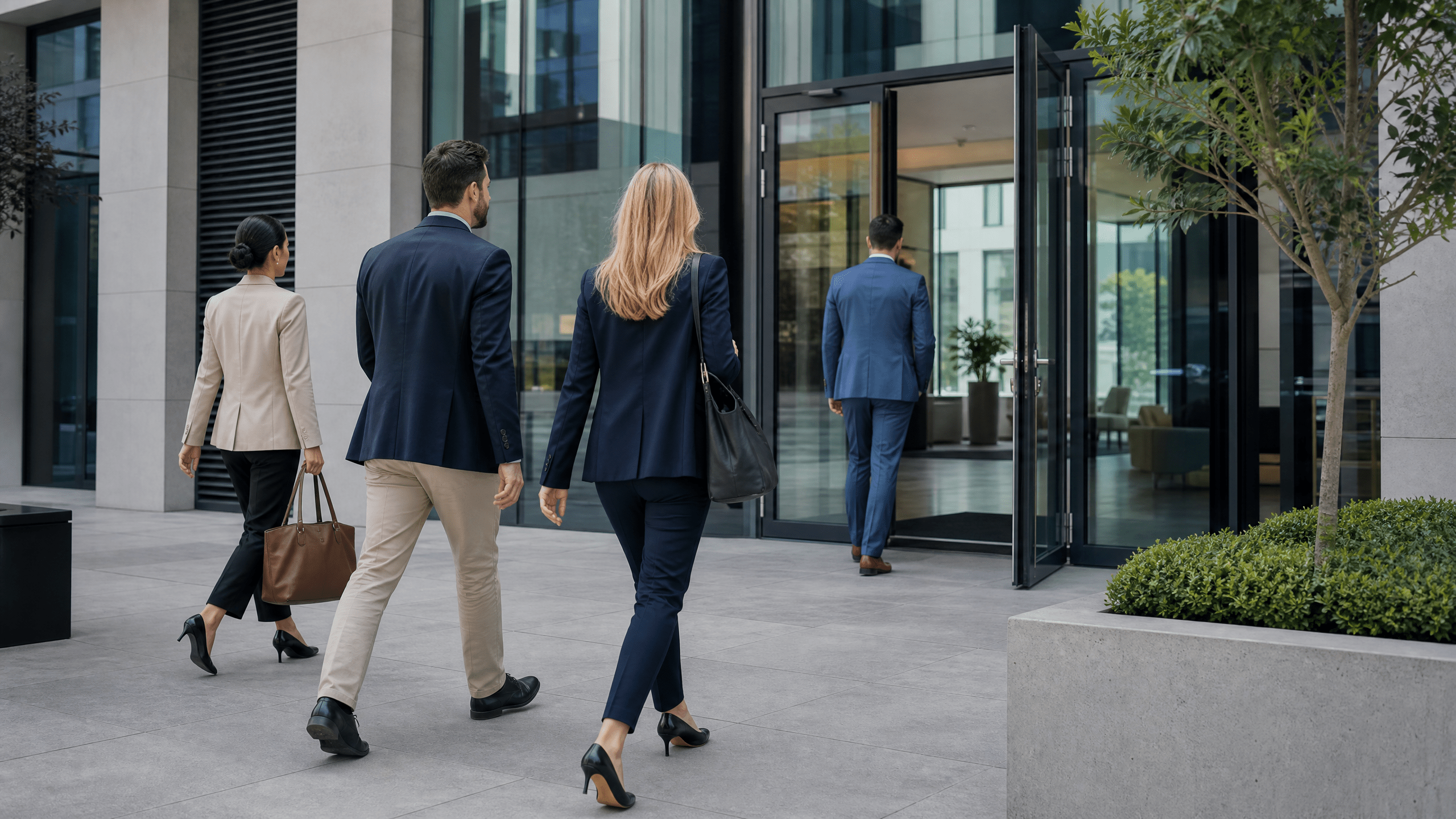 Besucher gehen auf den gepflegten Eingangsbereich eines Geschäftsgebäudes zu