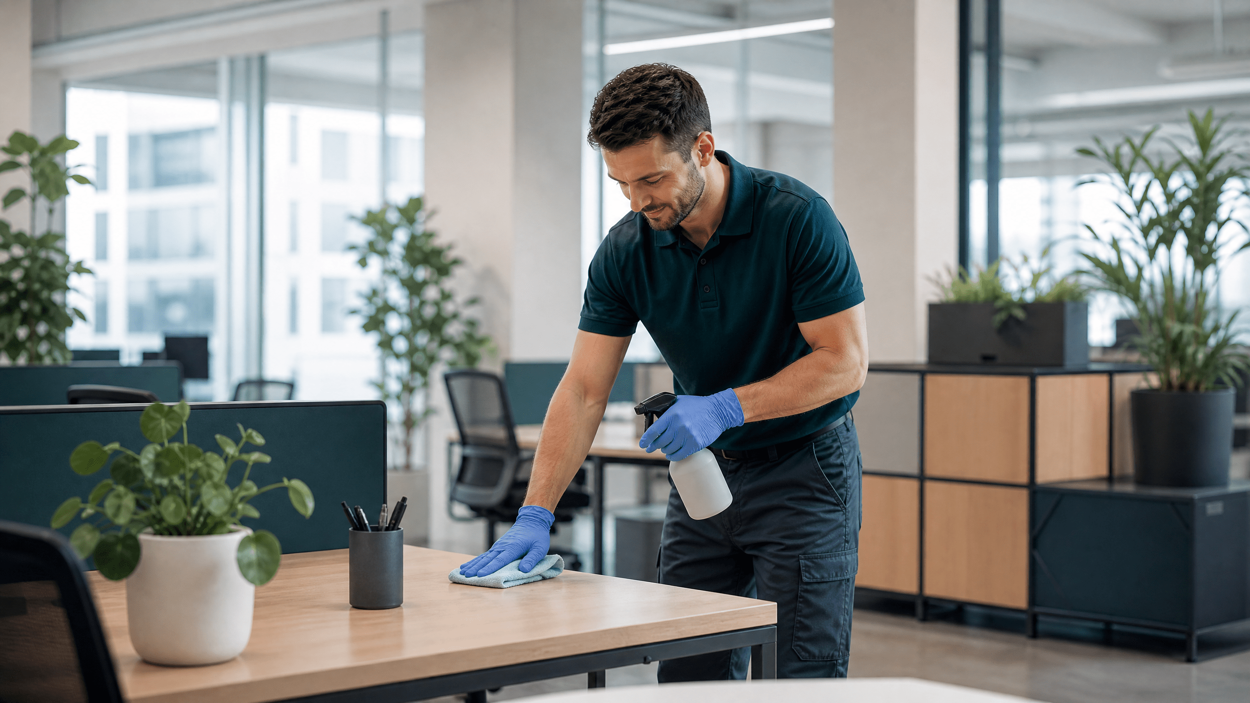 Reinigungskraft nutzt nachfüllbare Reinigungsmittel in einem hellen Büro