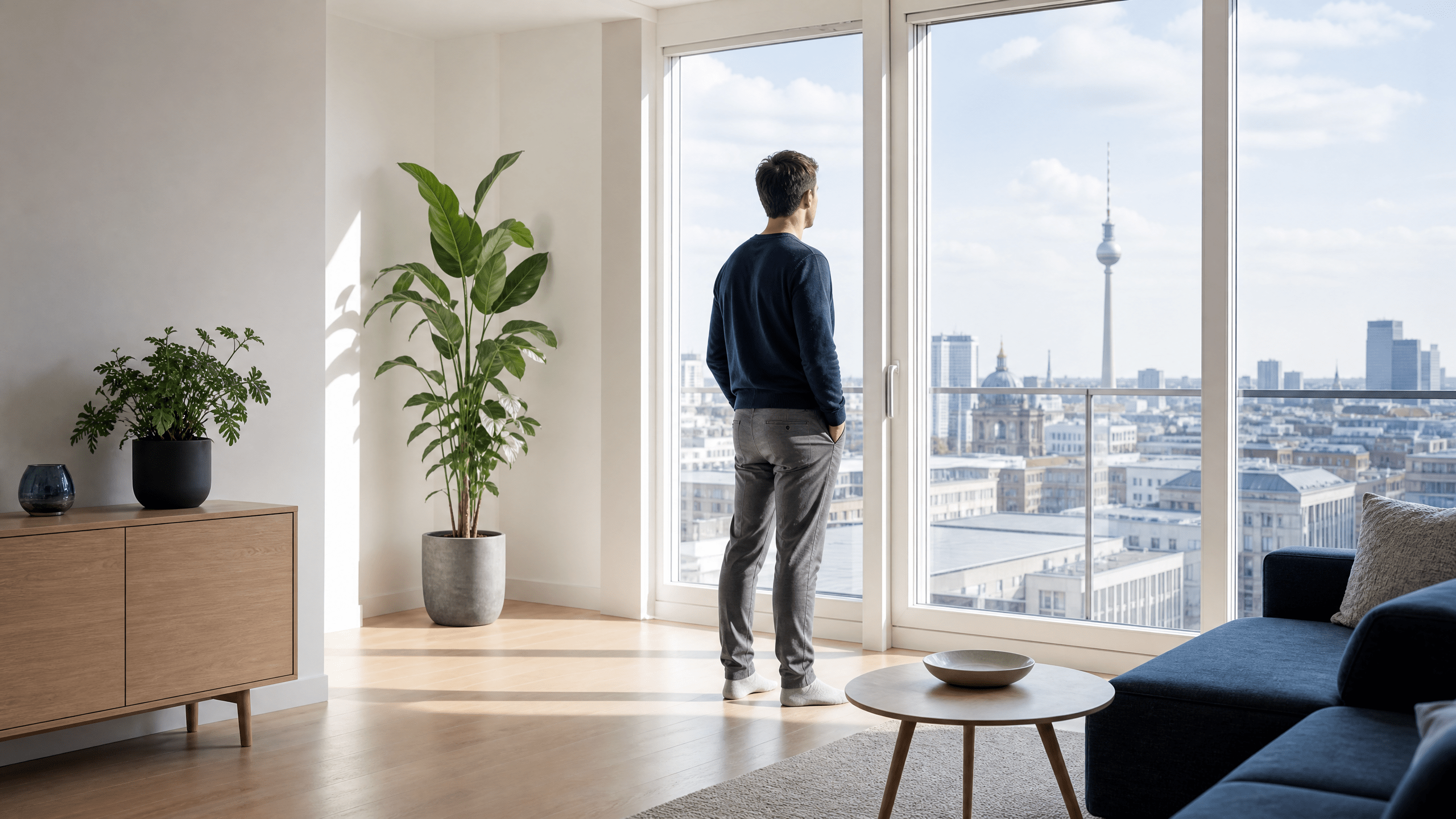 Person blickt in einem aufgeräumten hellen Wohnraum aus dem Fenster