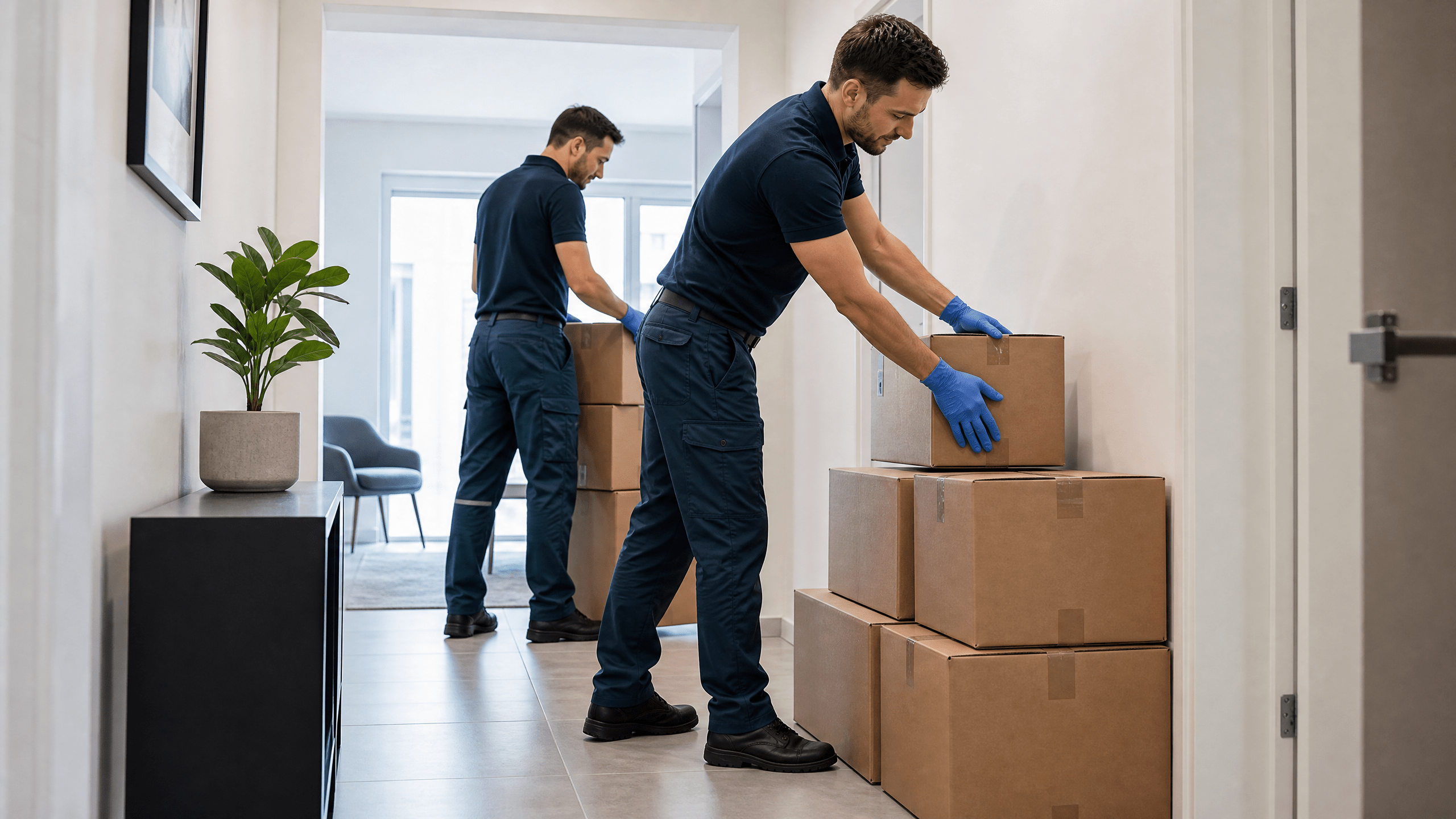 Zwei Fachkräfte organisieren beim Entrümpeln sorgfältig gepackte Kartons