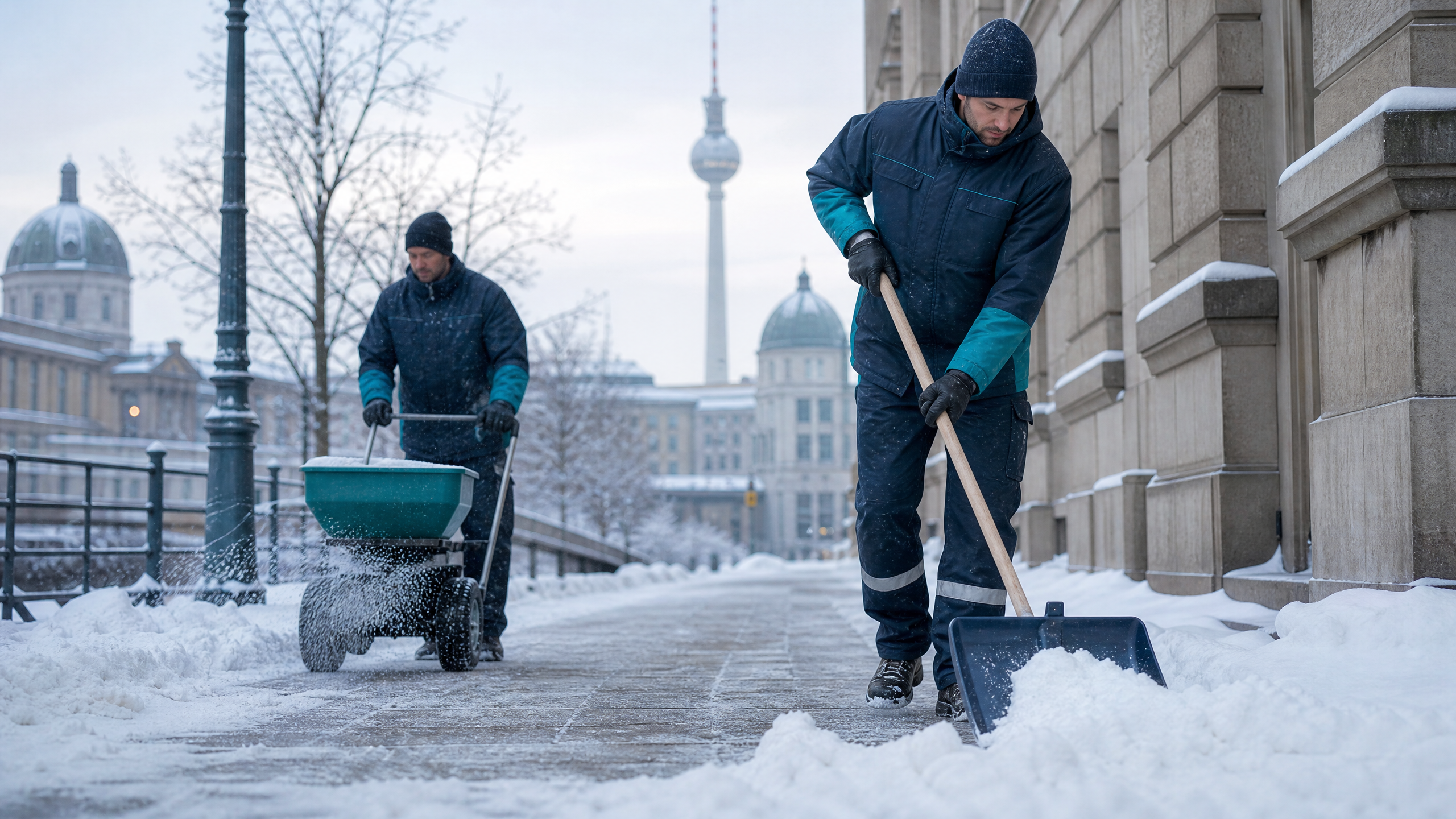 Winterdienstteam räumt Schnee von einem Berliner Gehweg