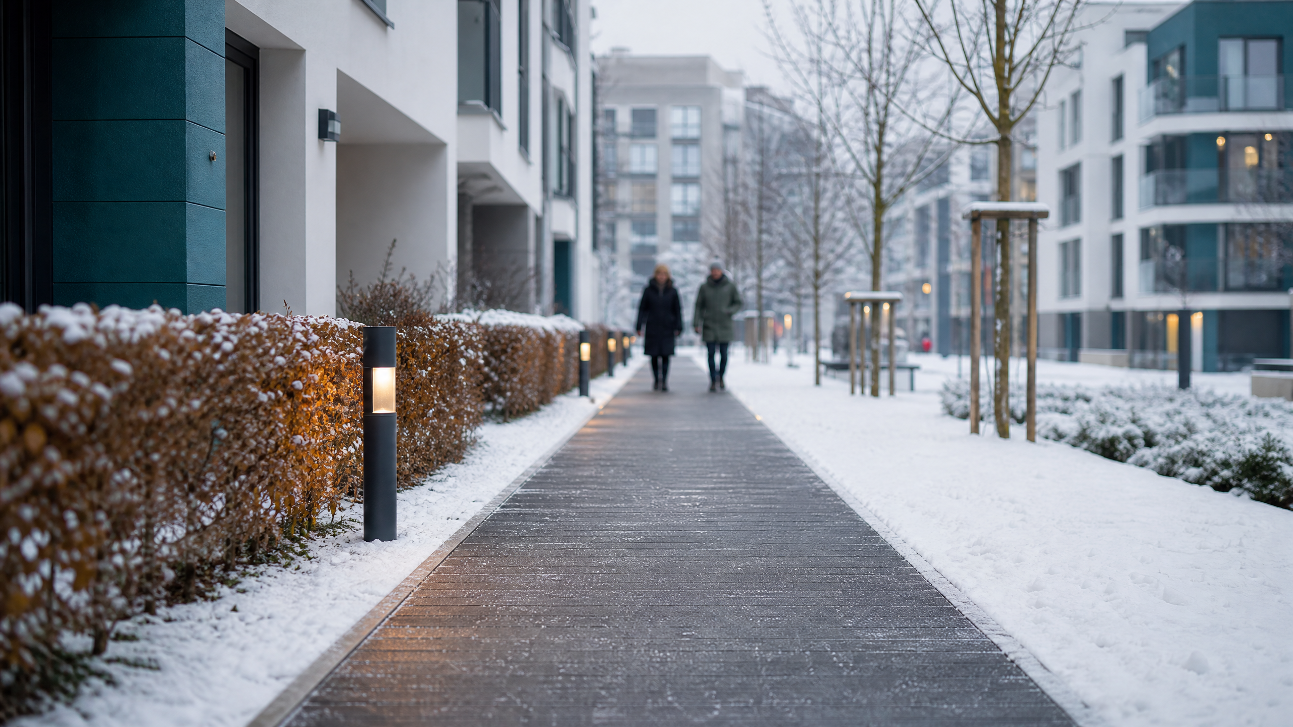 Geräumter und gestreuter Gehweg in einem verschneiten Wohnviertel