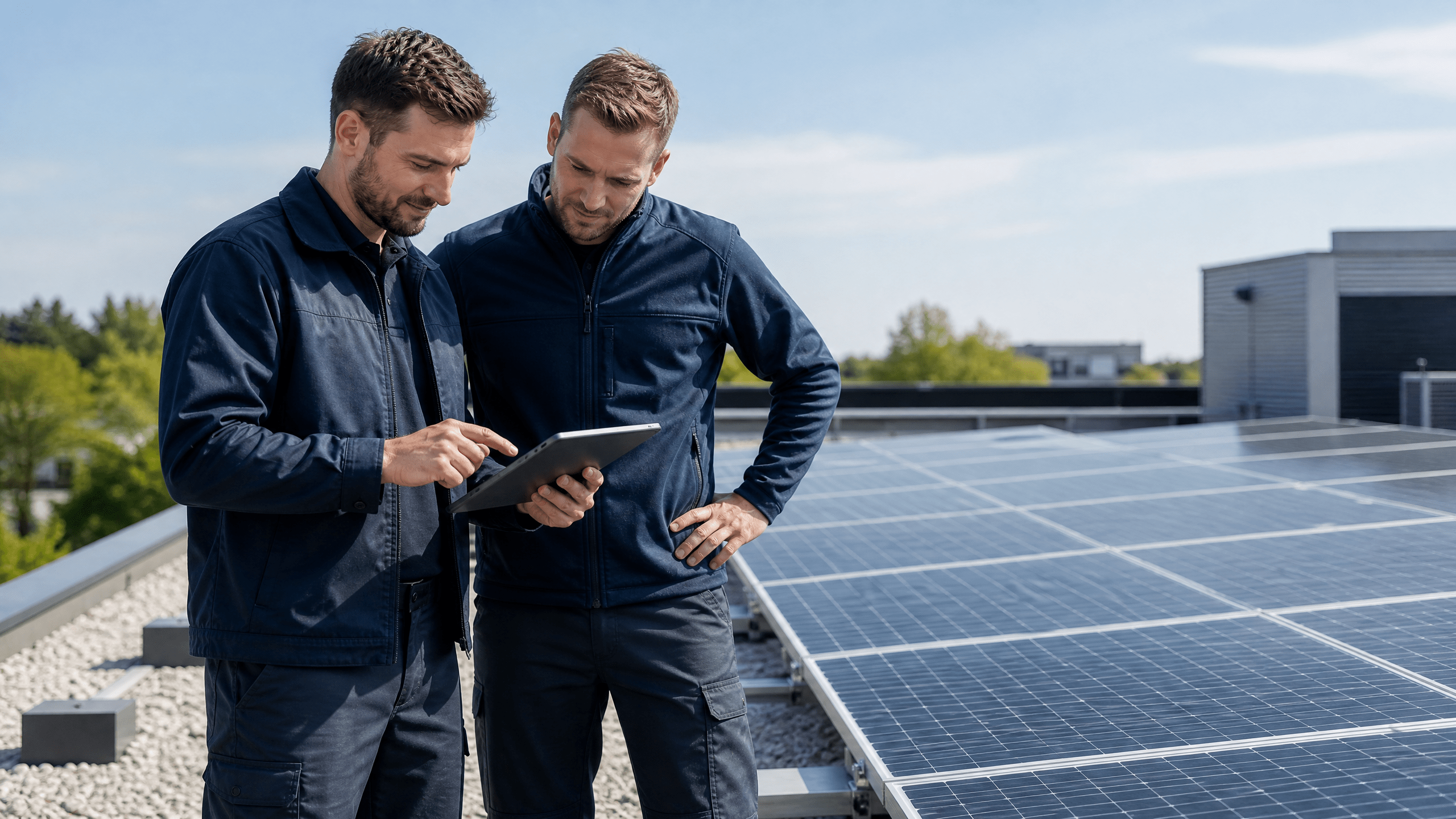 Zwei Fachkräfte prüfen eine Photovoltaikanlage mit Tablet