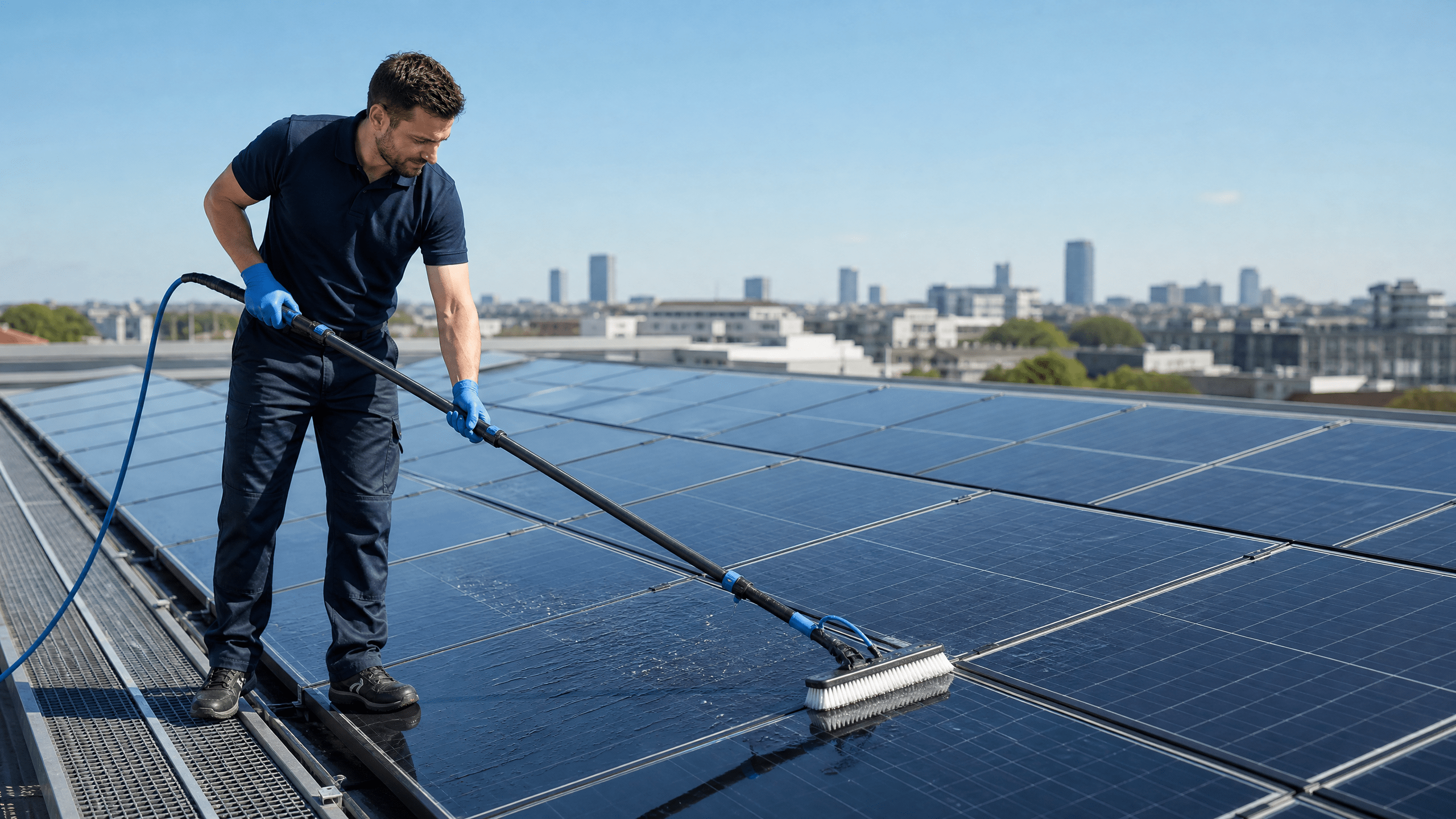 Fachkraft reinigt Photovoltaikmodule auf einem gewerblichen Dach