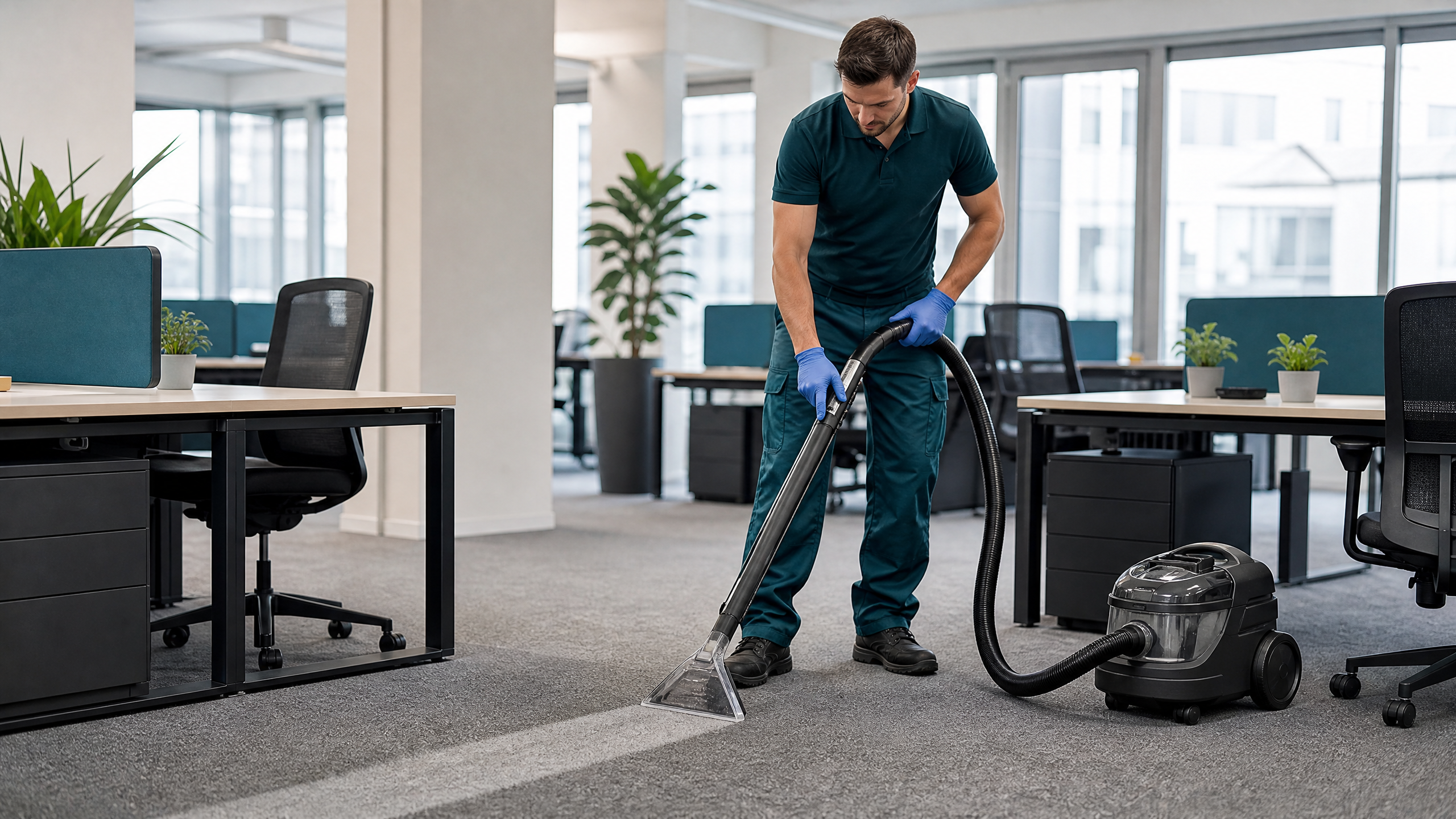 Reinigungskraft reinigt Büroteppich mit professioneller Extraktionsmaschine