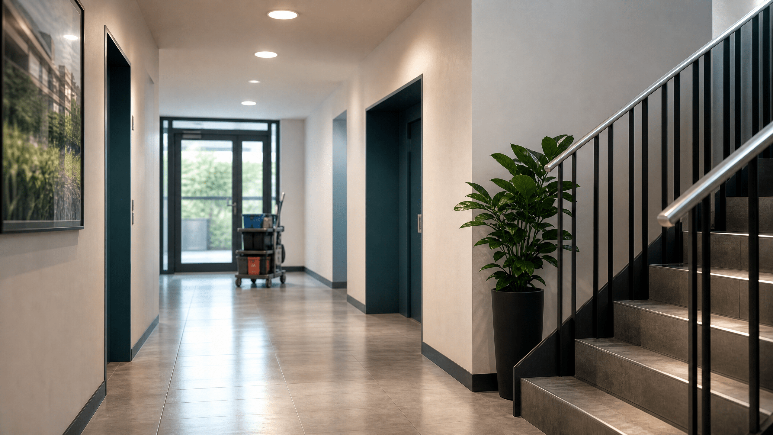Gepflegtes Treppenhaus mit sauberem Boden und Handlauf