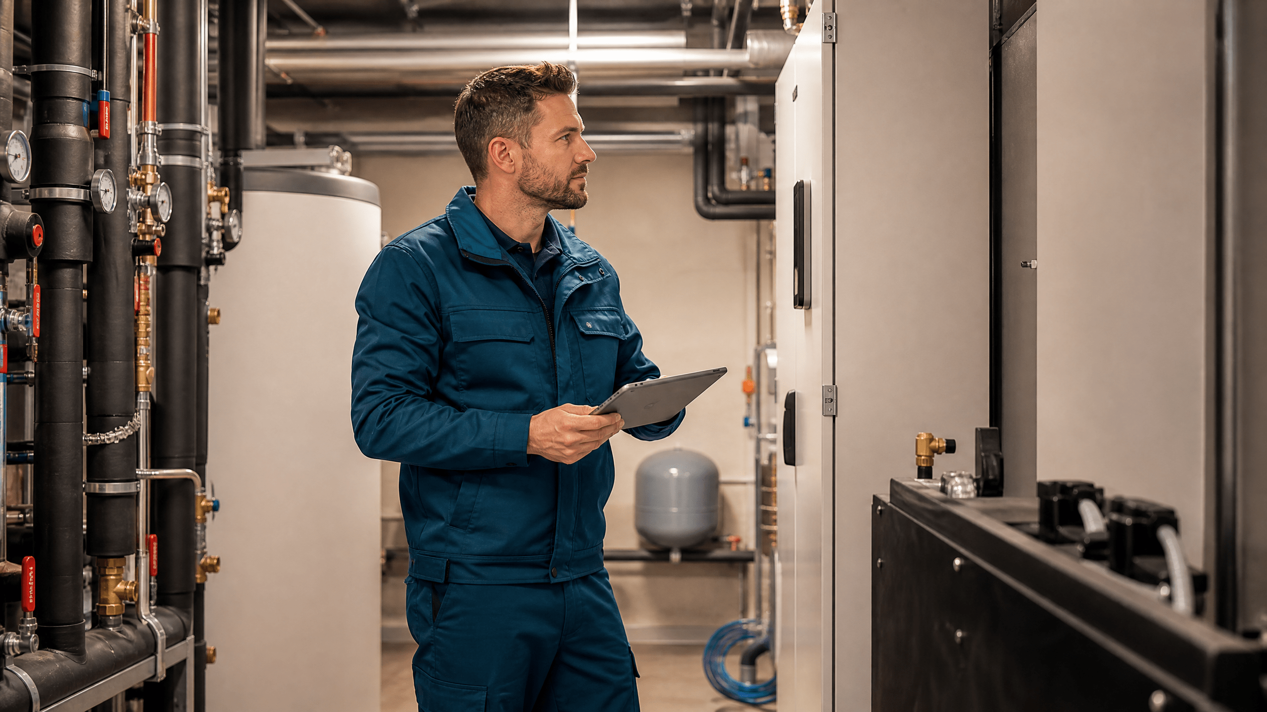 Hausmeister kontrolliert einen ordentlich organisierten Technikraum