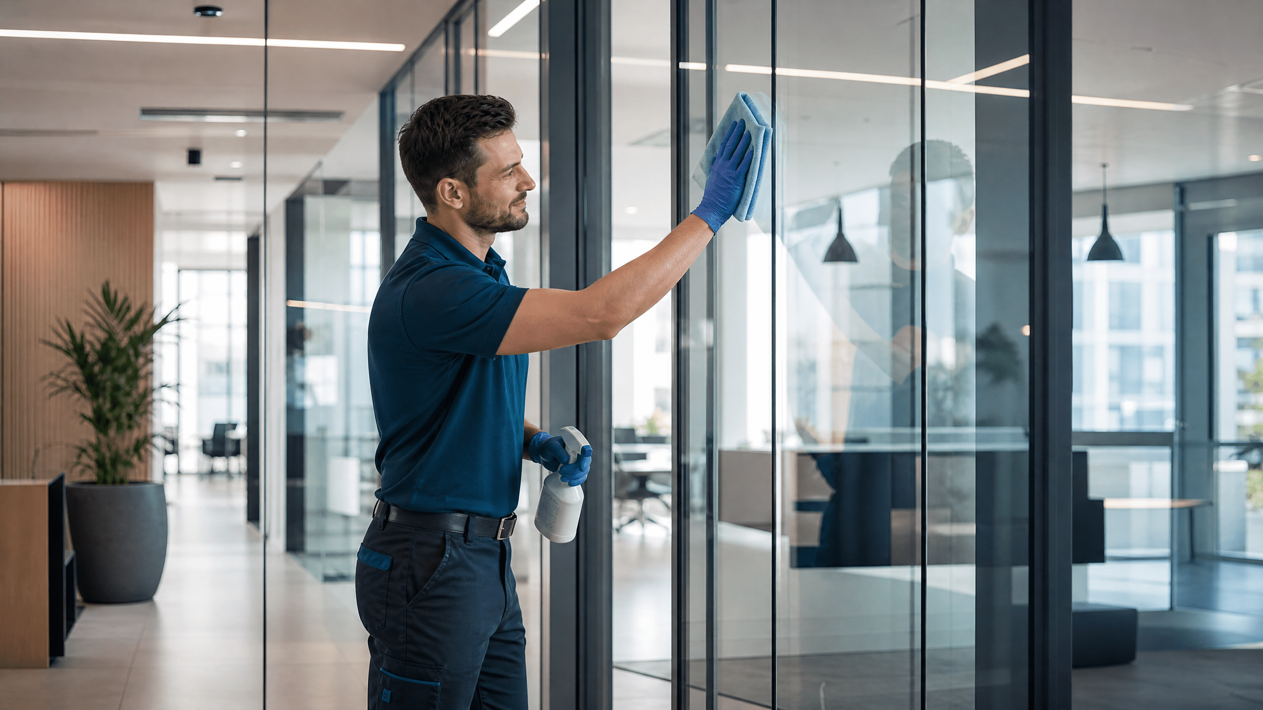 Fachkraft poliert eine Glasfläche in einem neuen Büro