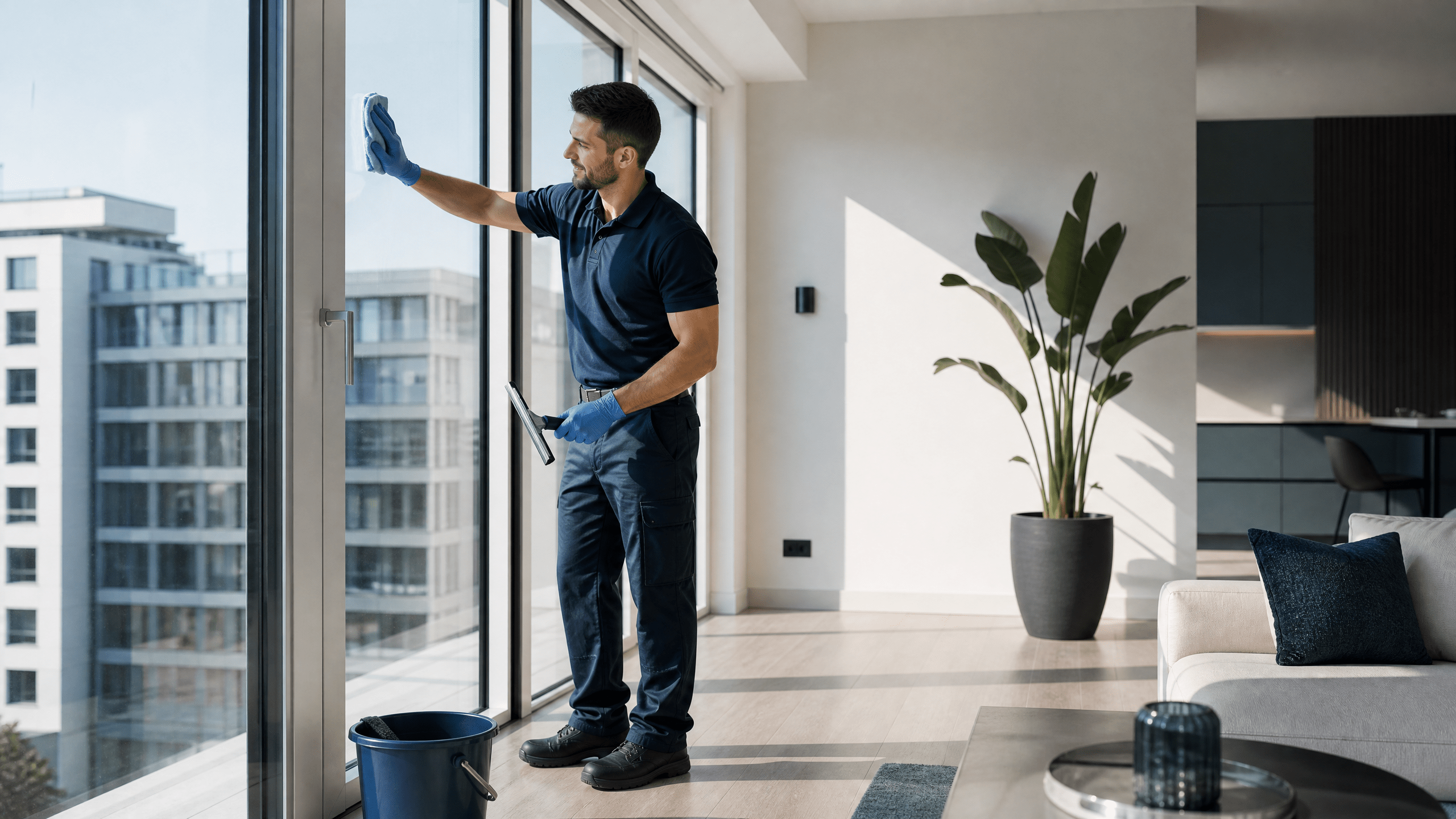 Reinigungskraft reinigt eine neu fertiggestellte moderne Wohnung