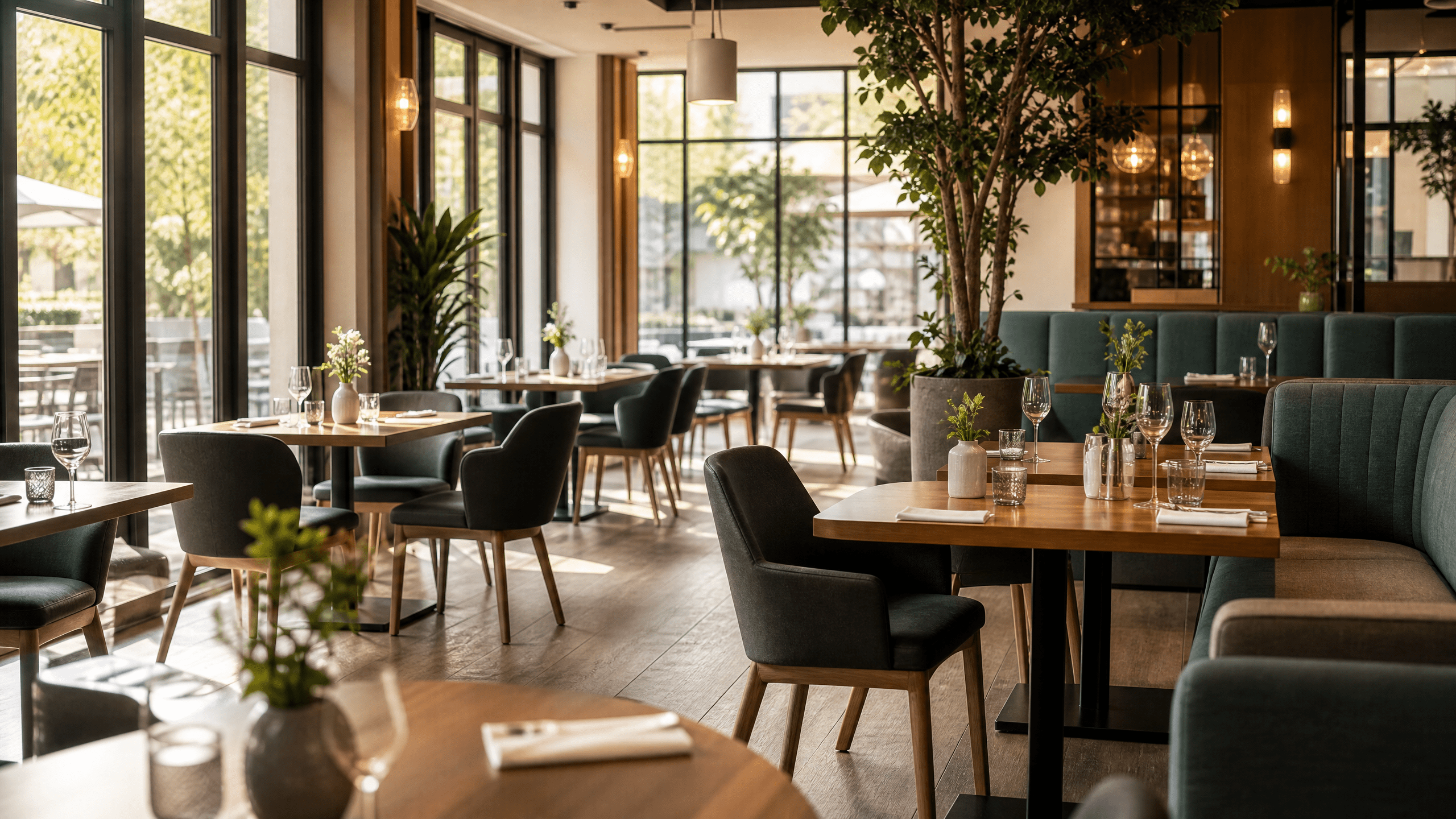 Sauberer einladender Gastraum eines modernen Restaurants