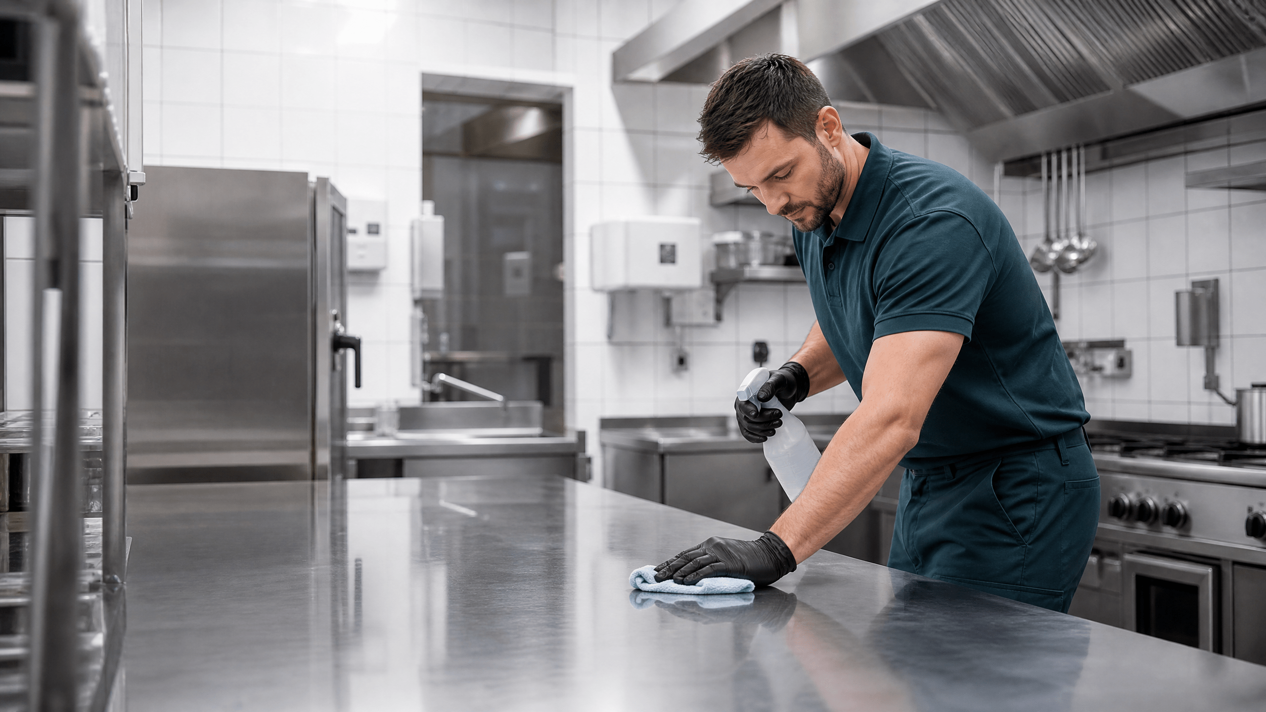 Reinigungskraft säubert Edelstahlfläche in einer professionellen Gastronomieküche