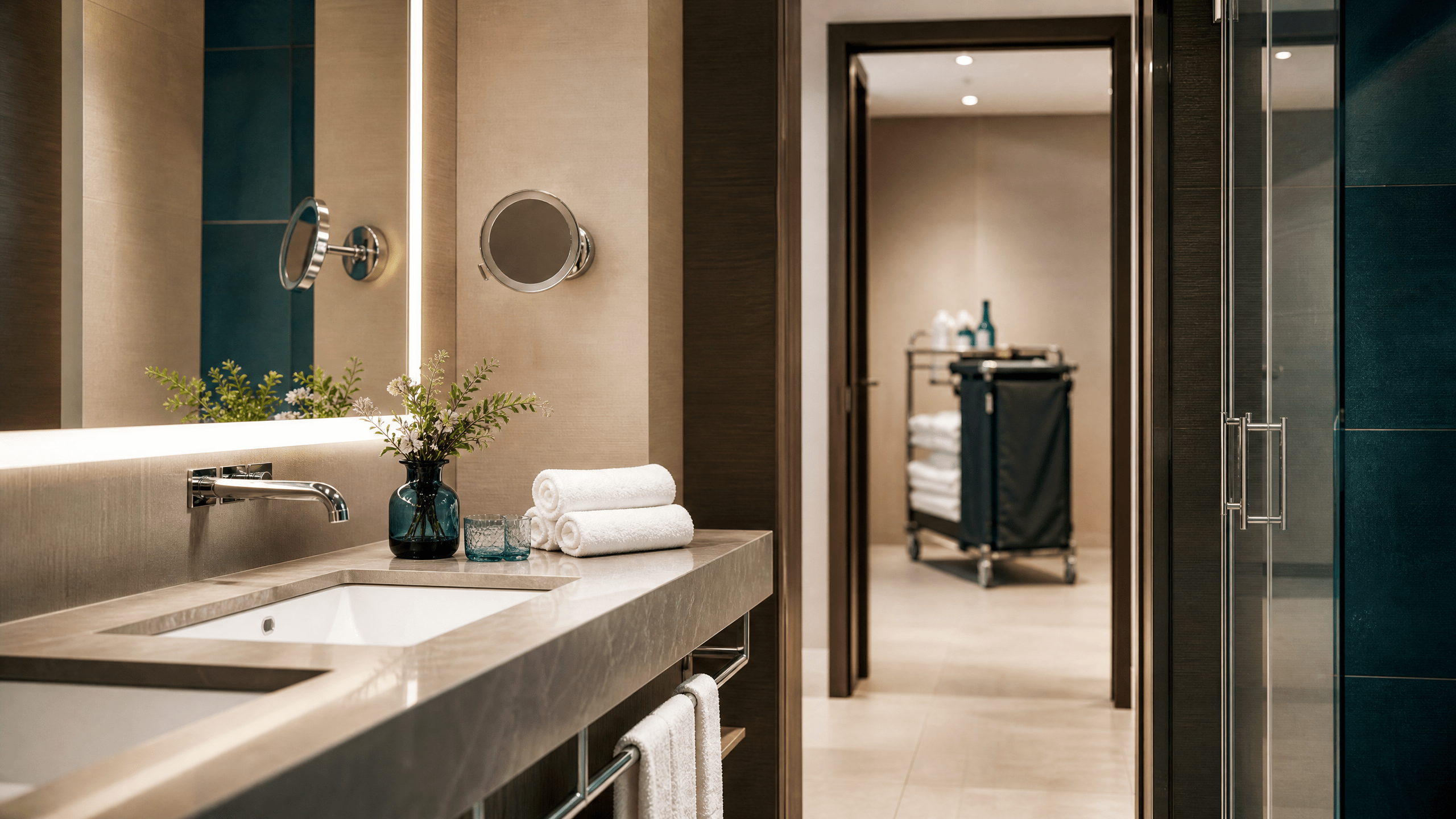 Makelloses Hotelbadezimmer mit frischen Handtüchern