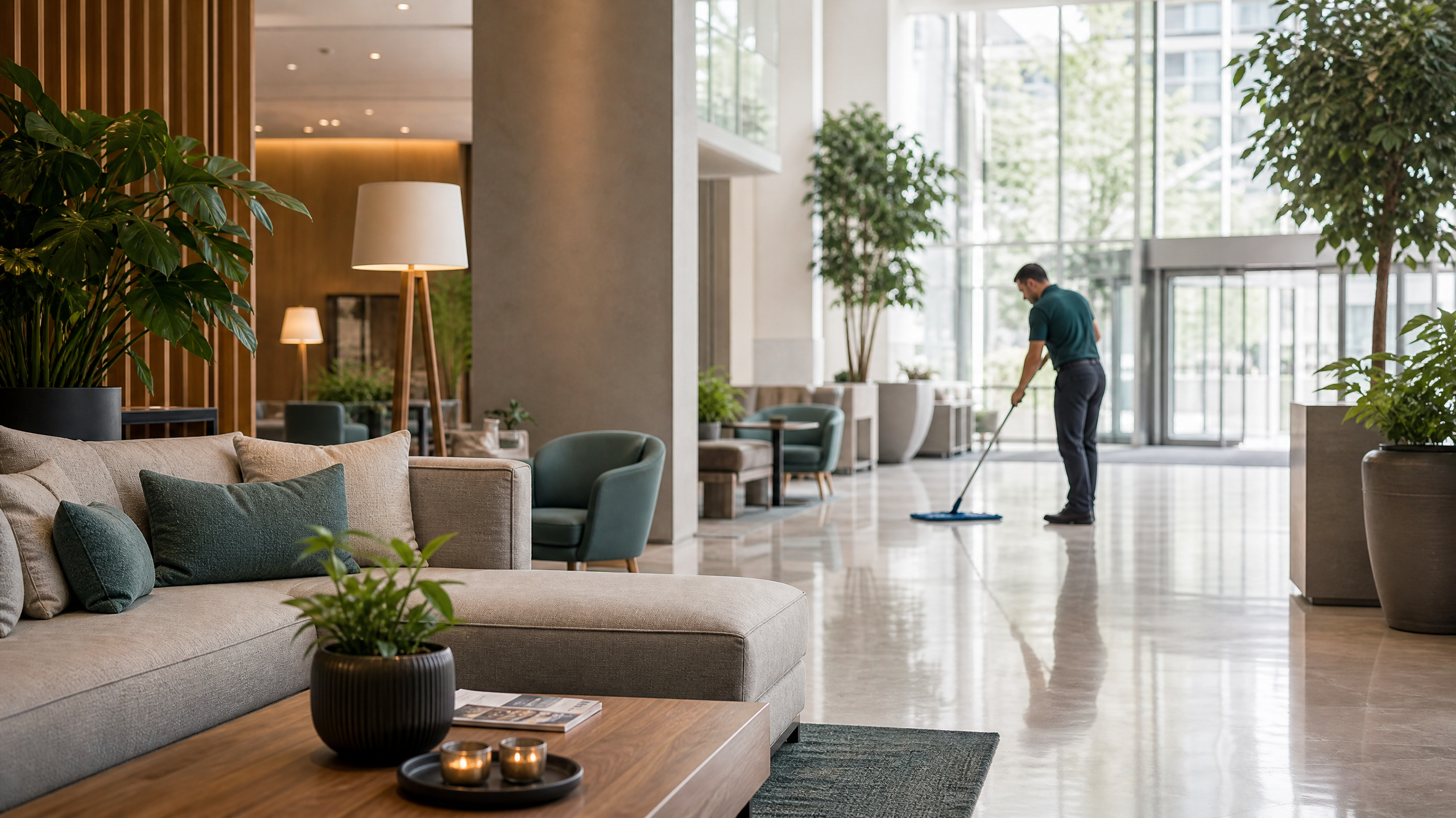 Saubere Hotel-Lobby mit diskreter Reinigung im Hintergrund