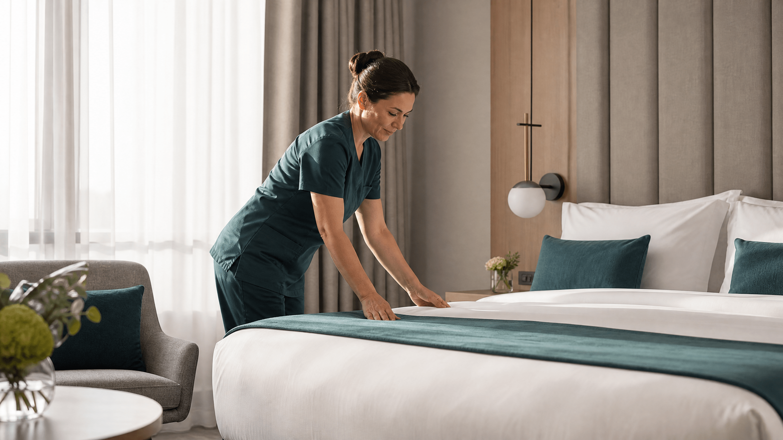 Housekeeping-Fachkraft bereitet ein modernes sauberes Hotelzimmer vor