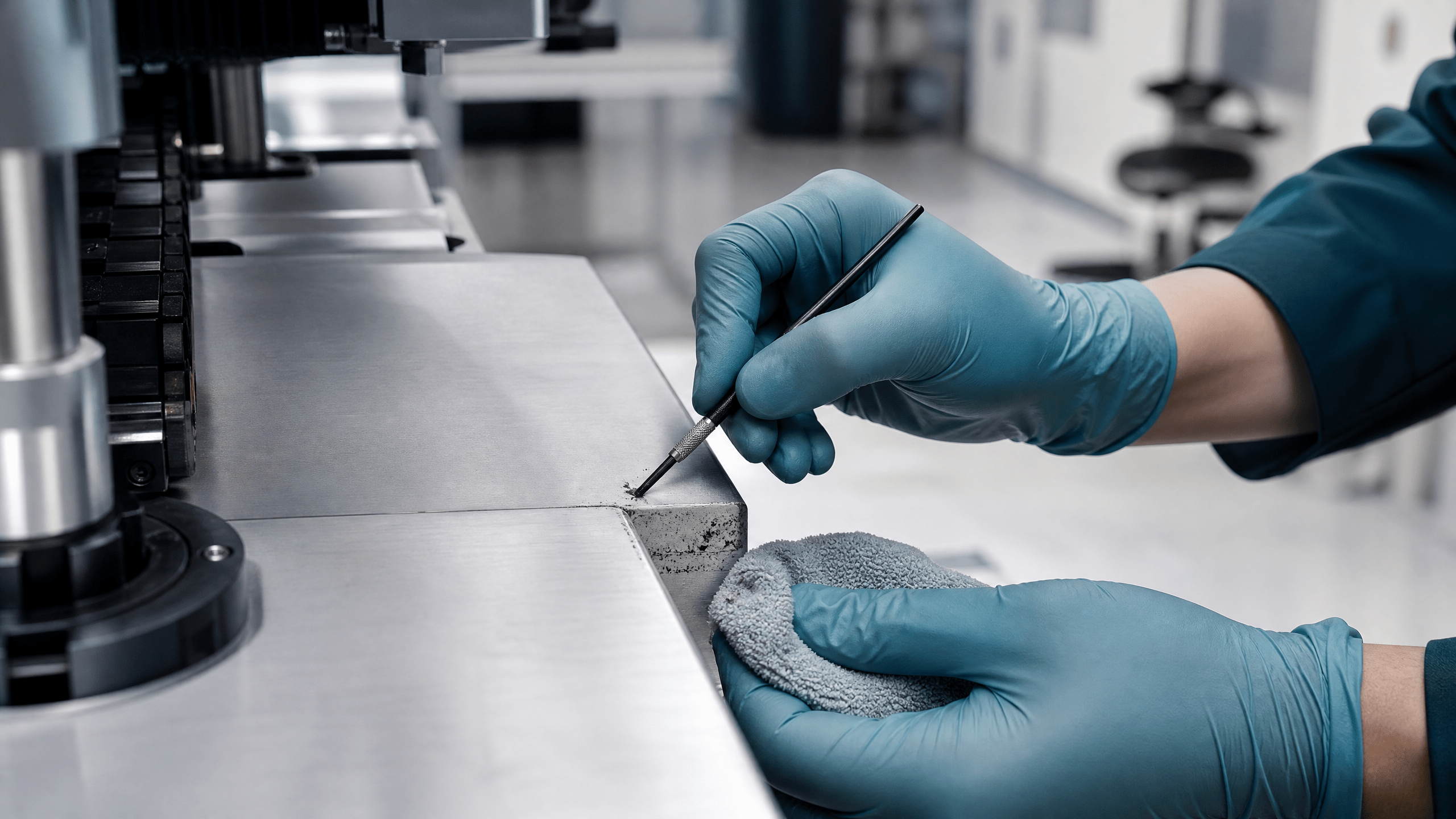 Fachkraft reinigt eine technische Metalloberfläche mit Präzisionswerkzeug