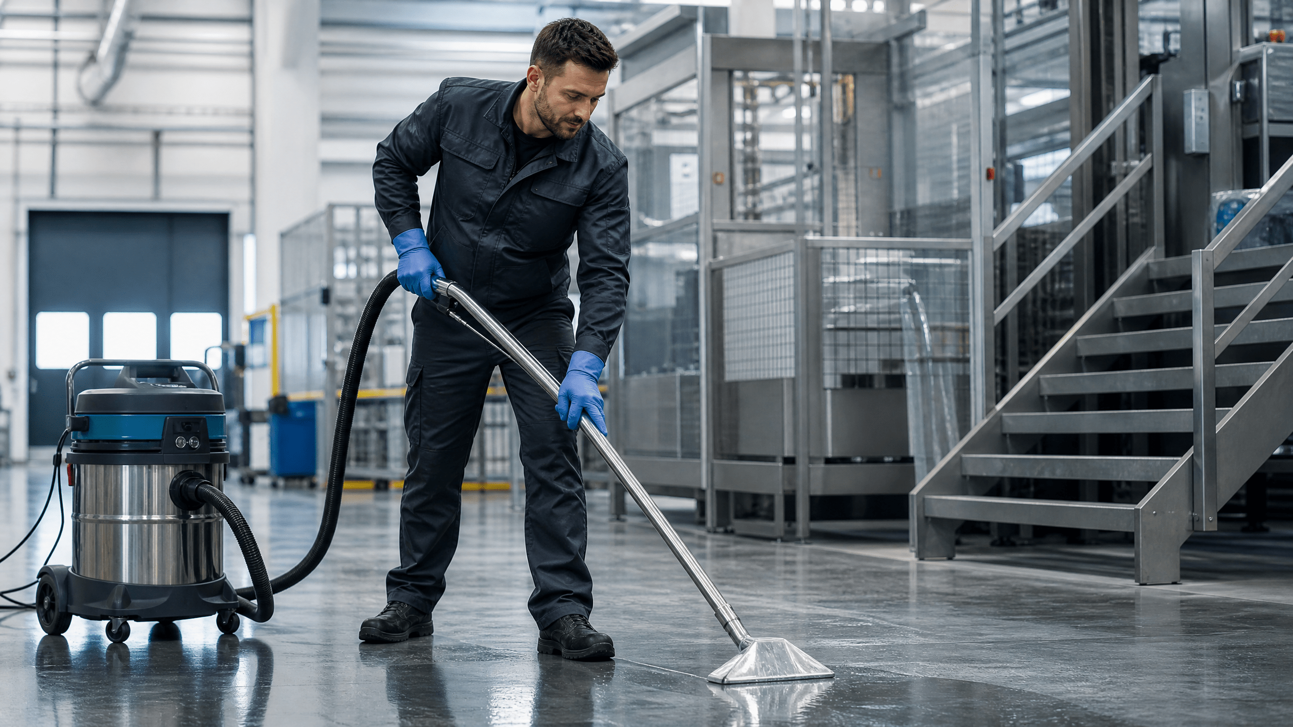 Spezialreinigungskraft reinigt einen Industriehallenboden mit professionellem Gerät