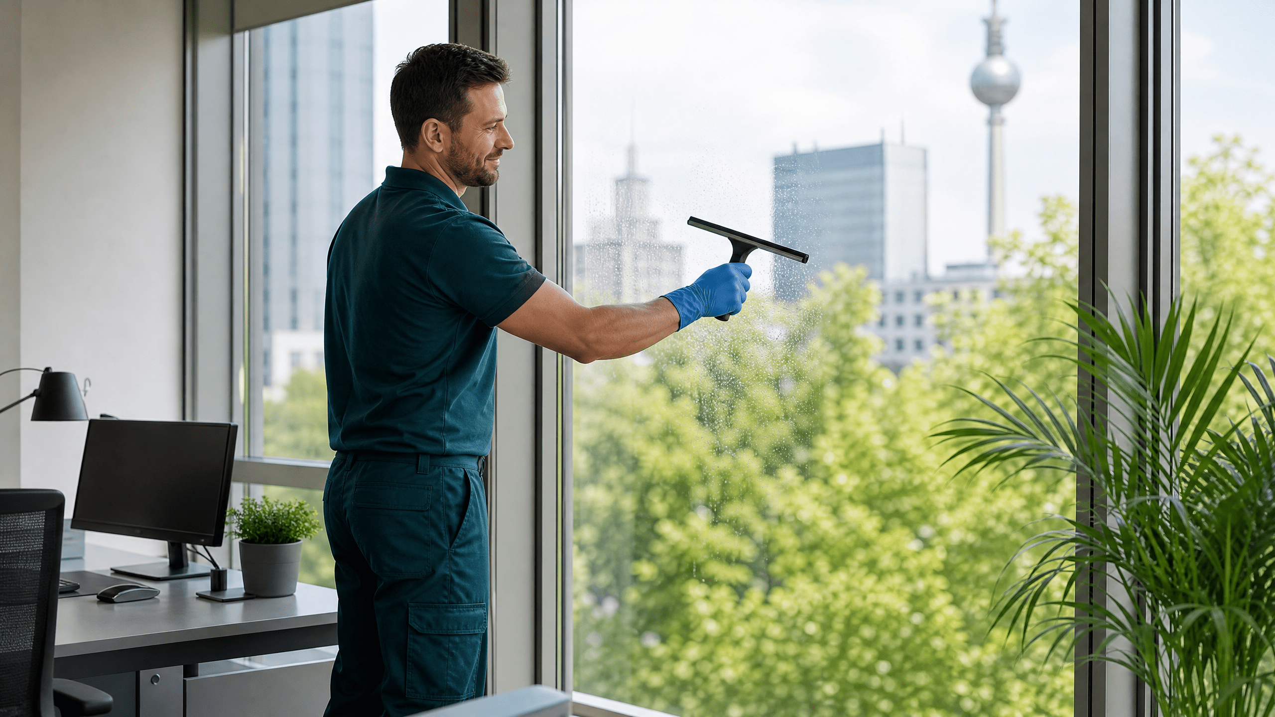 Reinigungskraft putzt ein großes Bürofenster bei sonnigem Frühlingswetter