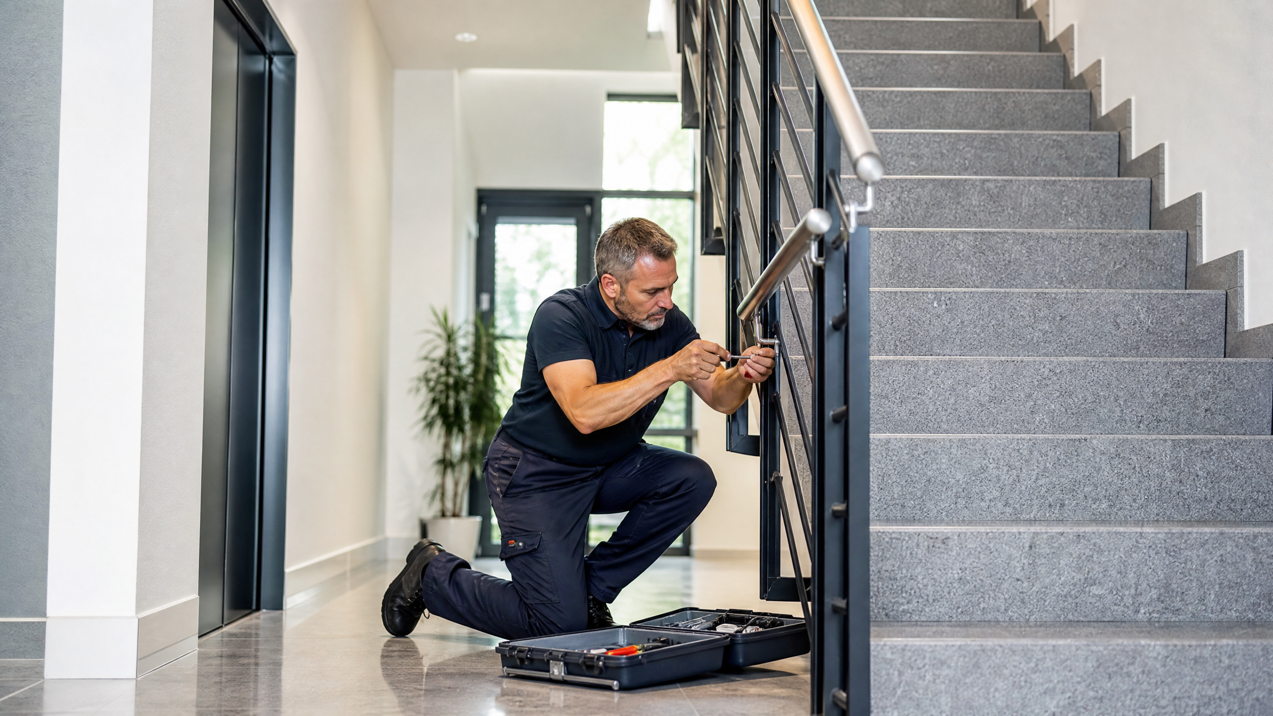 Hausmeister bei der Objektbetreuung in einem gepflegten Treppenhaus