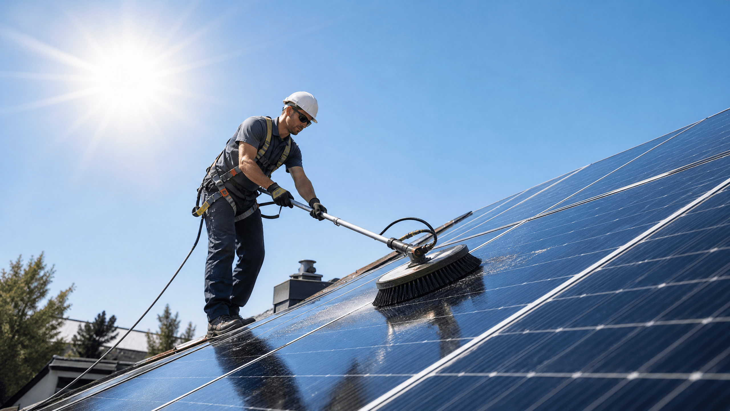 Professionelle Reinigung von Photovoltaikmodulen auf einem Dach