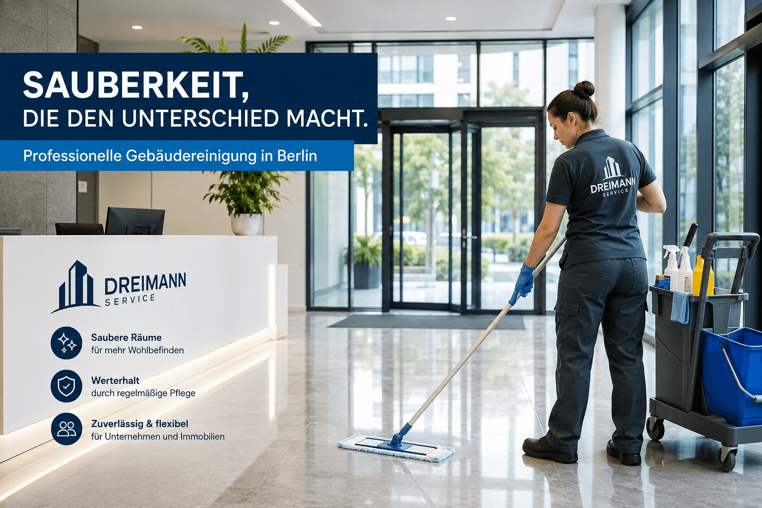 Reinigungskraft bei der professionellen Gebäudereinigung eines modernen Bürogebäudes in Berlin.