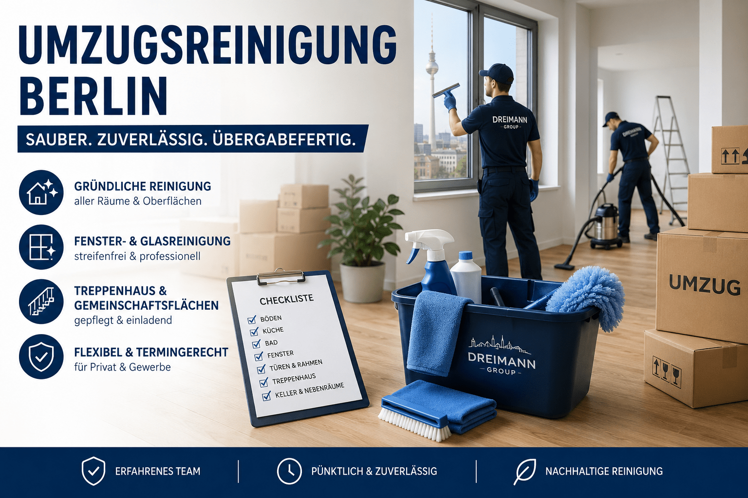 Umzugsreinigung Berlin mit professioneller Reinigung von Böden, Fenstern und Wohnräumen