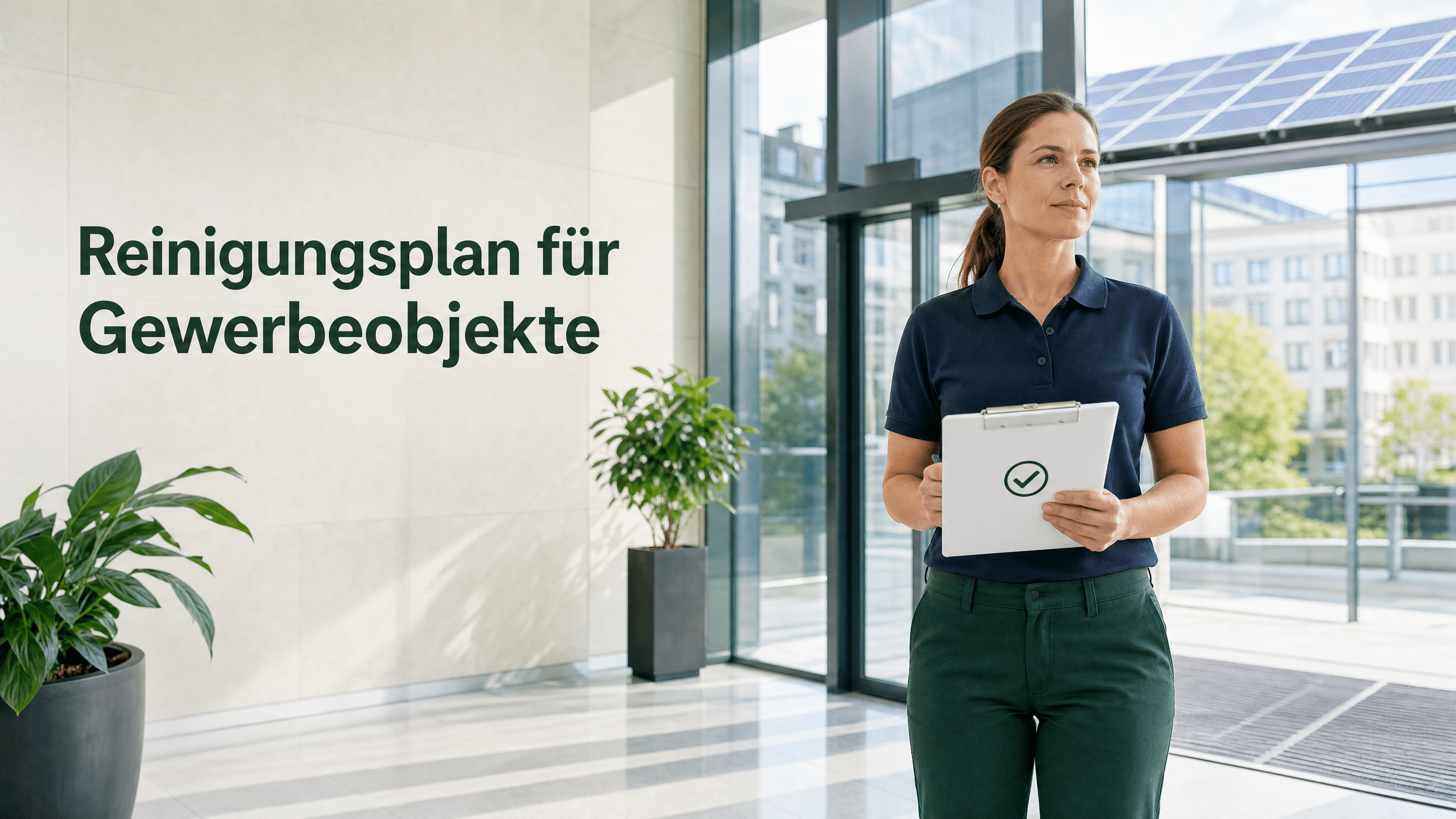 Professionelle Reinigungskraft prüft mit Checkliste den Eingangsbereich eines modernen Berliner Gewerbeobjekts; Solarflächen sind im Hintergrund sichtbar.