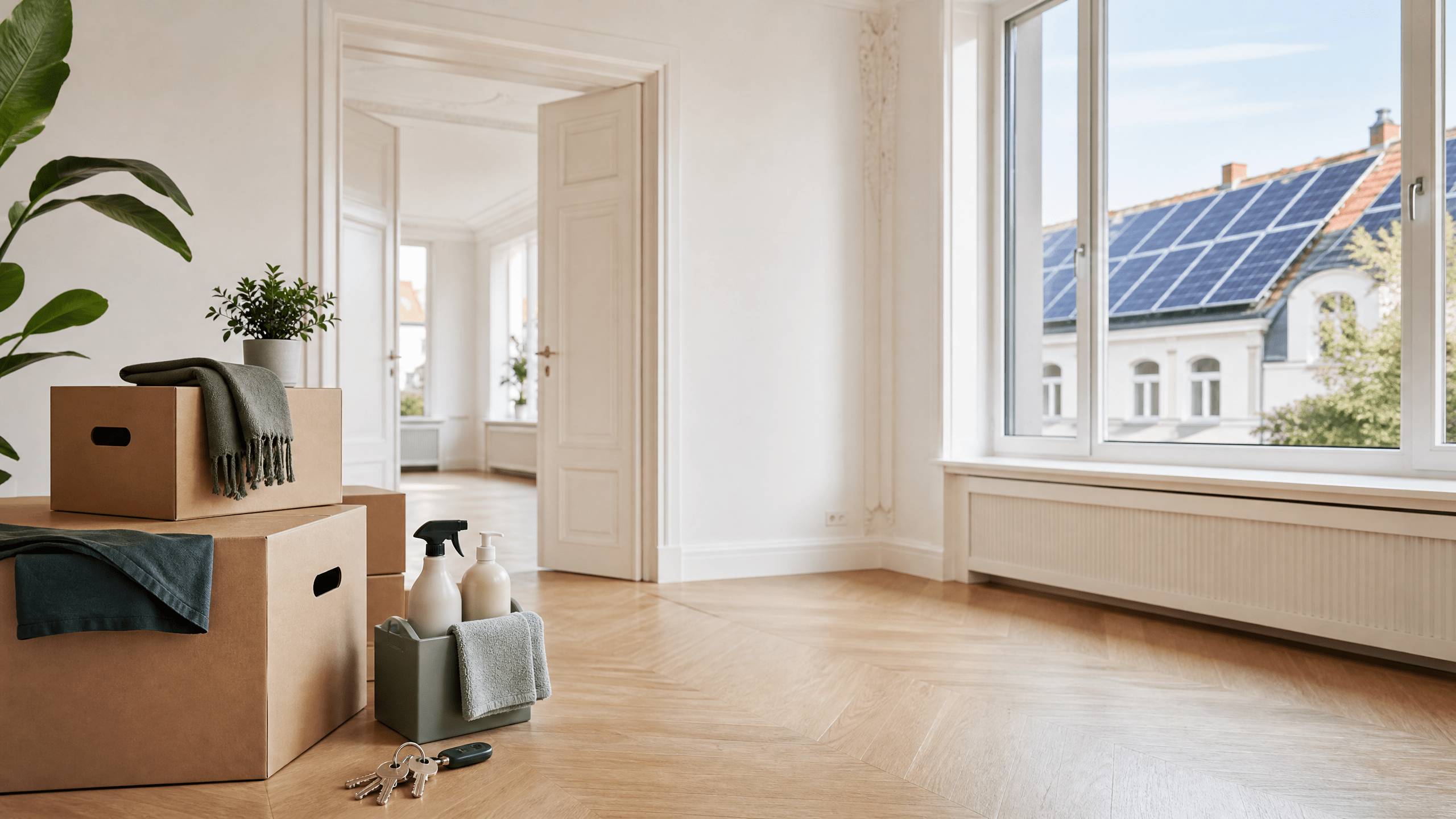 Helle, leer geräumte Berliner Wohnung mit Umzugskartons, geordnetem Schlüsselbund, professioneller Reinigungsausrüstung und Blick auf gepflegte Photovoltaikmodule