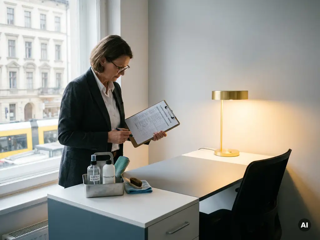 Büroleiterin in Businesskleidung prüft Reinigungsplan auf Klemmbrett neben modernem Schreibtisch mit Reinigungsmitteln in Berlin.